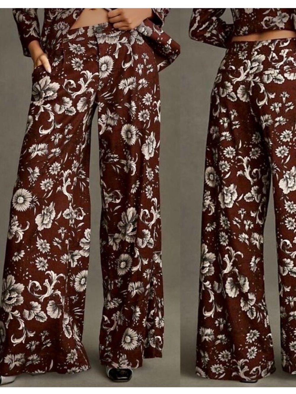 By Anthropologie Floral Wide-Leg Pants in Maroon - Size 16
